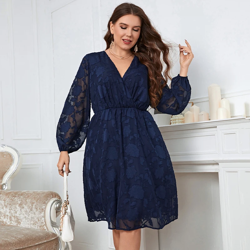 Della Mel Plus Size Elegant Women\'s Dresses for Party 2022 Sexy Lace See-Through Long Sleeve Blue V-neck Casual Large Size Dress