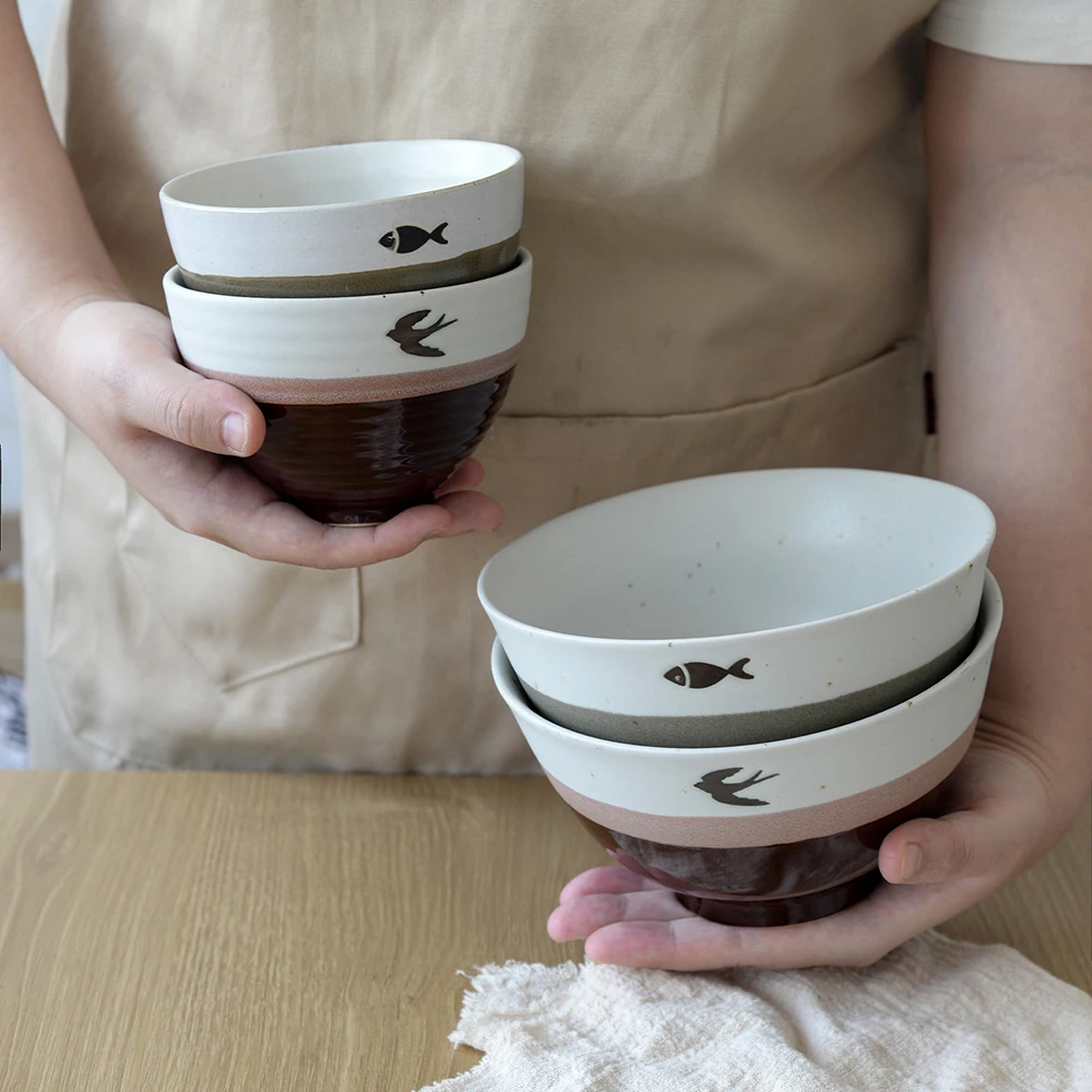 

Fish Bird Pattern Color Block Ceramic Bowl Bamboo Hat Shape Rice Bowl Simple Style Salad Bowl Soup Dish for Home Tableware