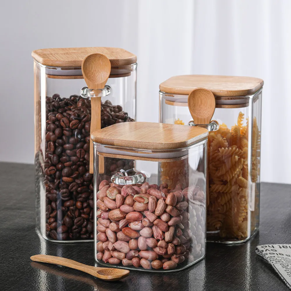 Tea Tins Caddy Coffee Seale Canister Set with Bamboo Lid and Spoon Glass Can Home Kitchen Canisters for Salt Sugar Storage