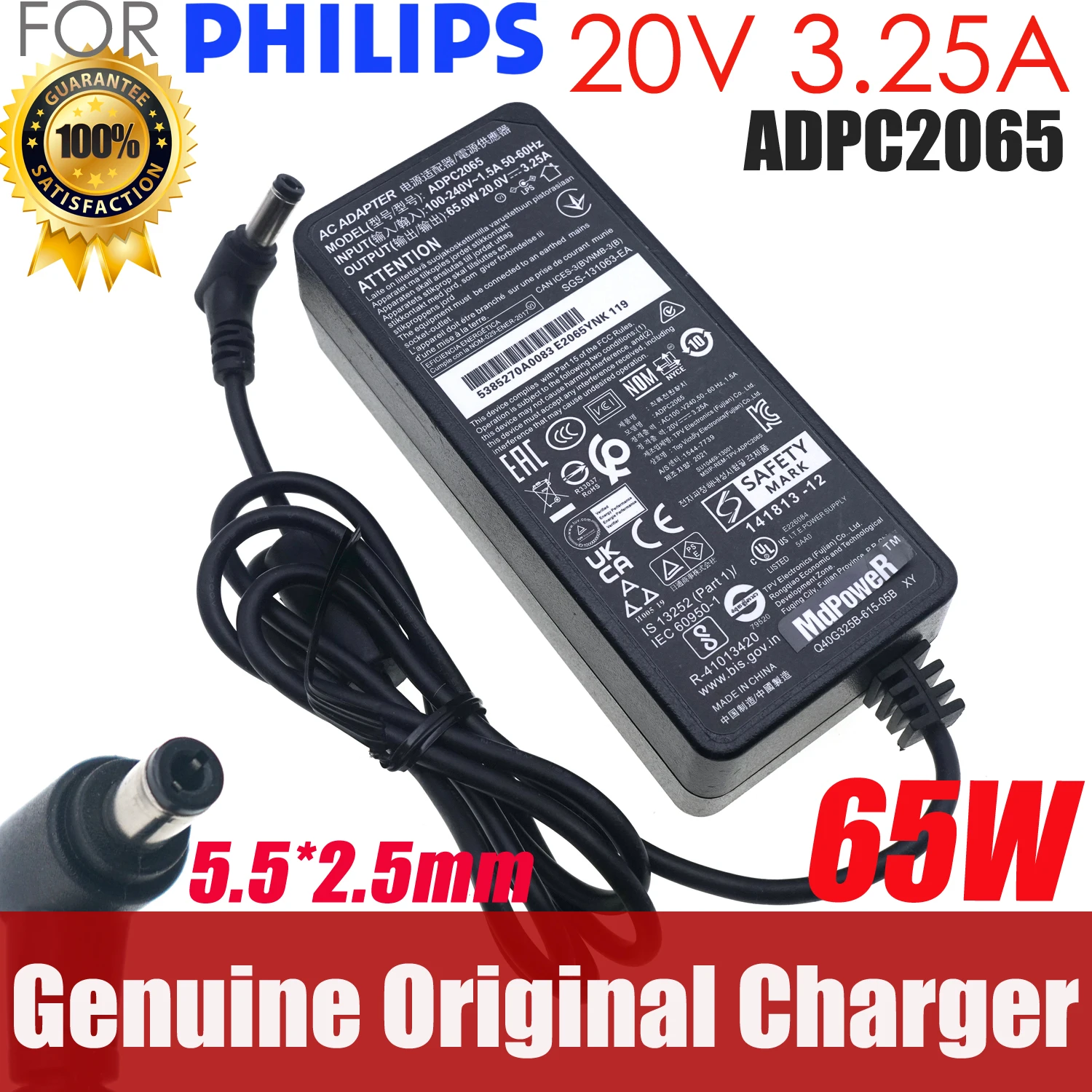 Original ADPC2065 65W 20V 3.25A AC Adapter Charger for Philips 275E1275E1S 275E1E 288E2A 4K Ultra HD LCD Monitor Power Supply