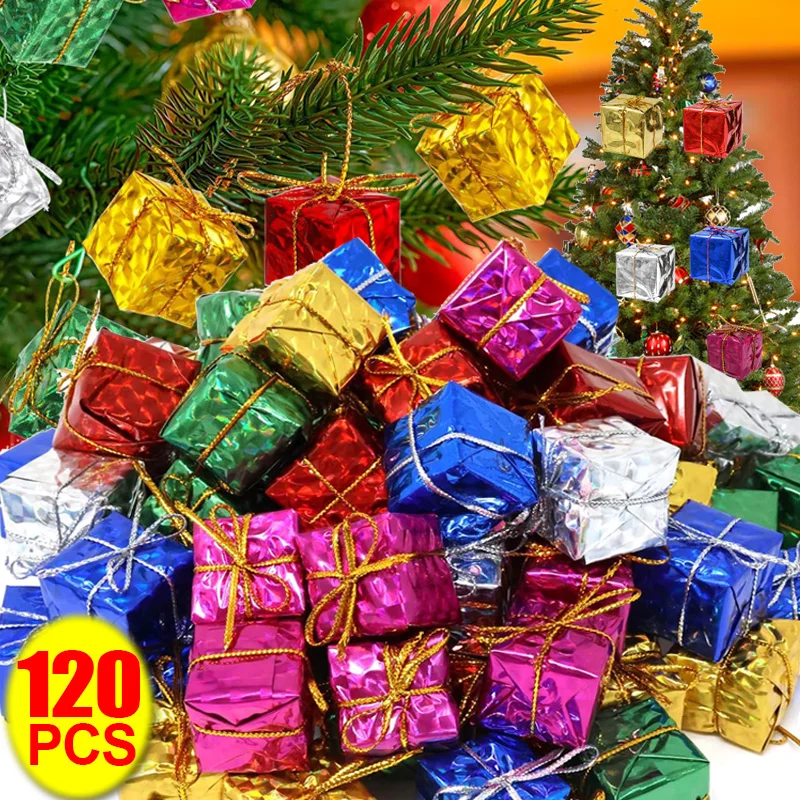 12/120PCS Mini Christmas Gifts Box Pendant Xmas Tree Colorful Square Foam Hanging Gift Boxes for Christmas New Year Party Decor