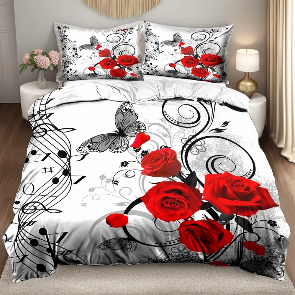 

3pcs White Bedding Set Musical Score Red Rose Print Cozy Duvet Cover Set King Queen Twin Single Size Birthday Gift Bedroom Decor