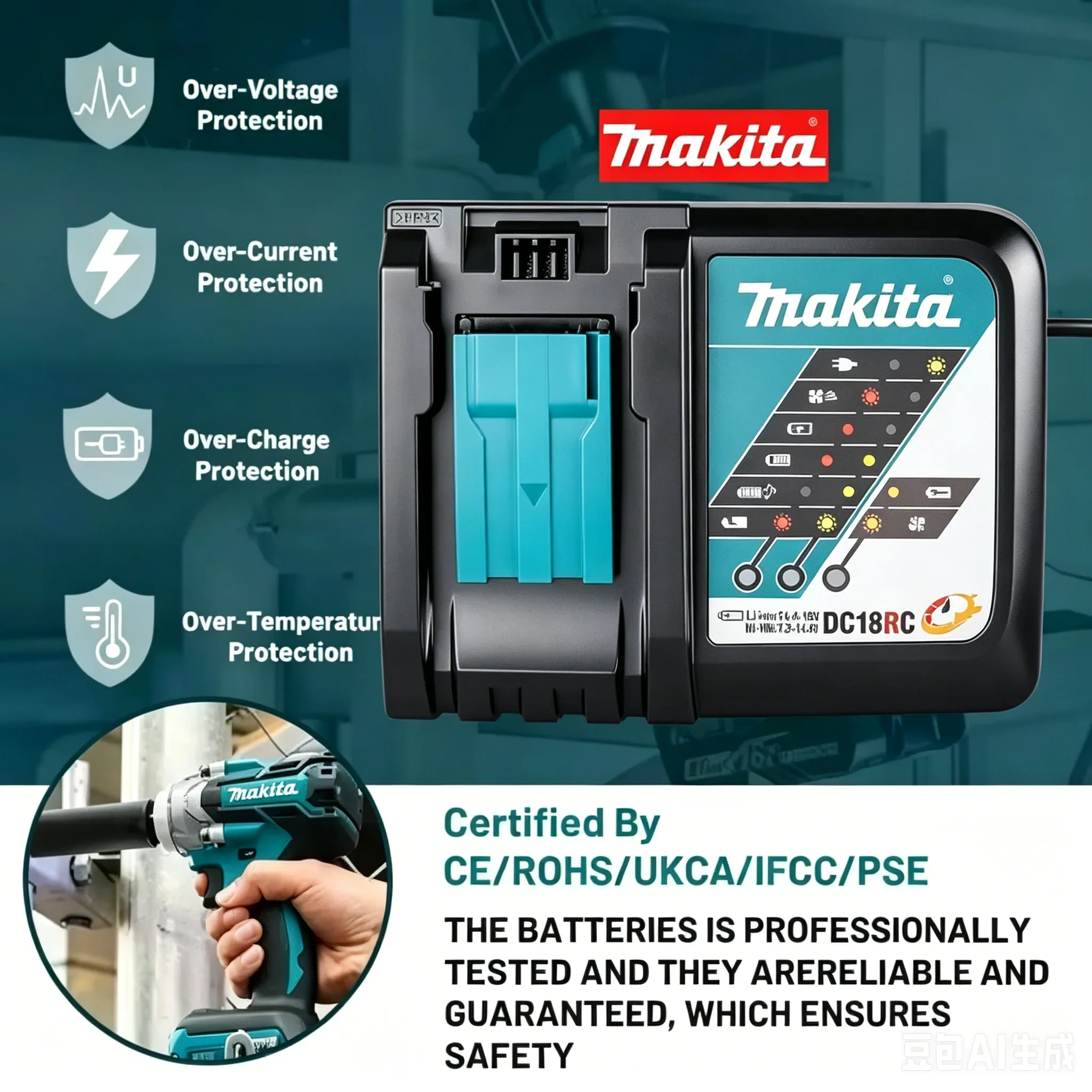 Batería Original Makita 18V 6.0Ah + Kit de Cargador Rápido DC18RC, Batería de Iones de Litio BL1860B LXT para Herramientas Eléctricas