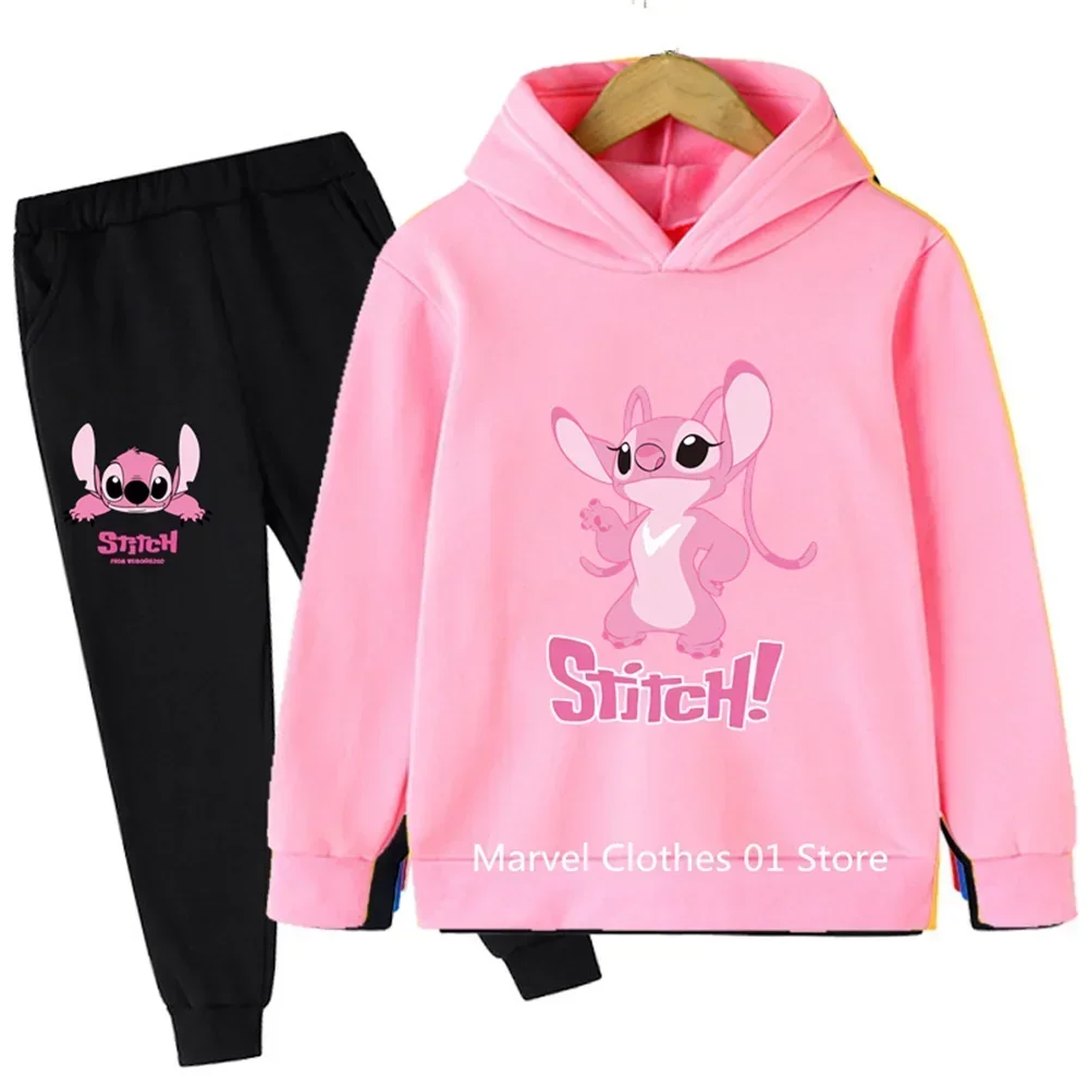 

2024 Pink Stitch Hoodie Set Kids 2-13 Years Suit Boys Tracksuits Kids Brand Sport Suits Stich Sweatshirt Tops +Pants 2pcs Set