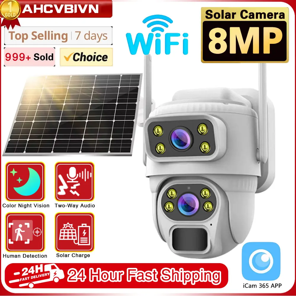 8MP 4K Solar Wirelesss IP Dual Screen Camera Battery Outdoor HD 4MP Dual Lens WiFi Waterproof Camara Solar Panel CCTV Security