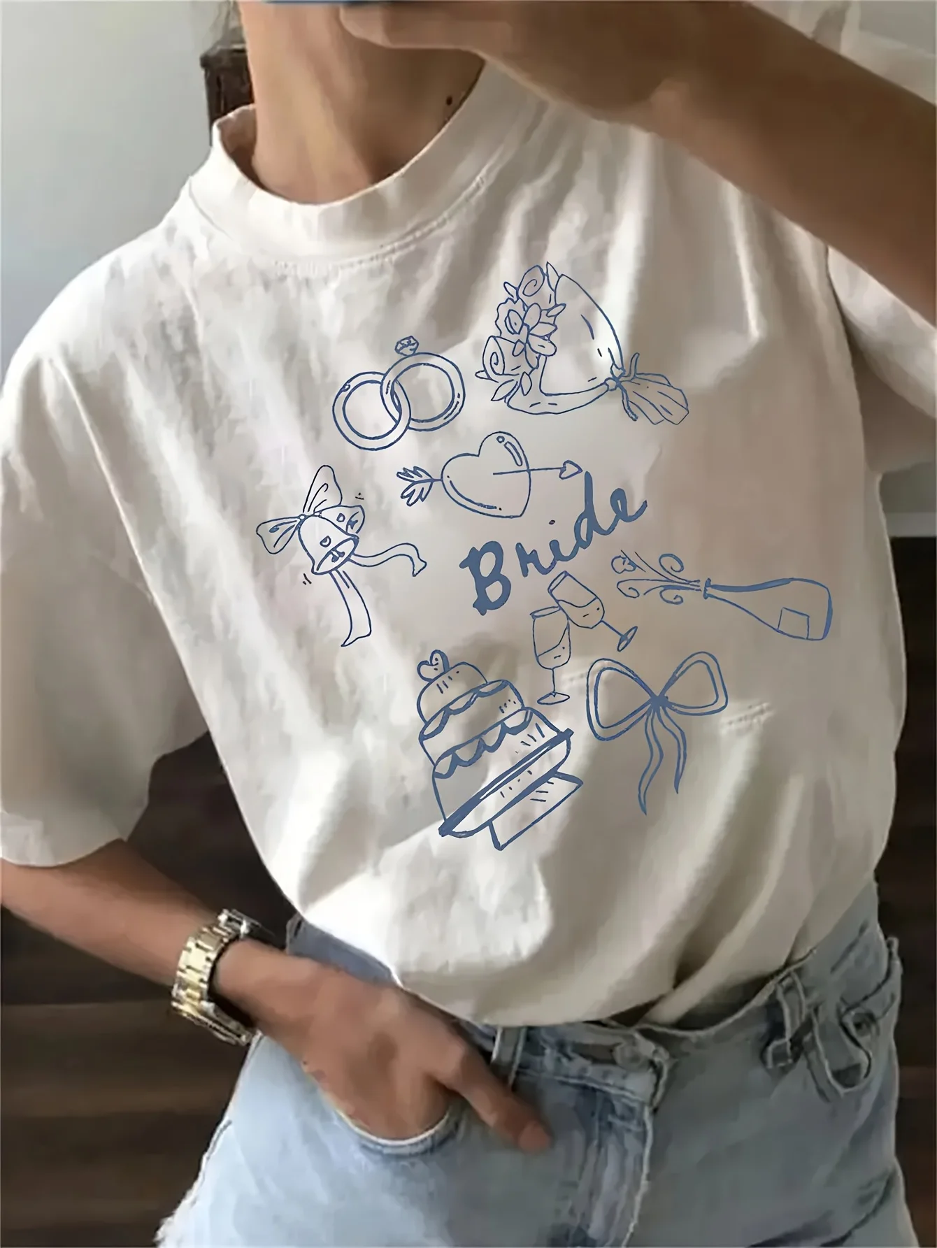 

Women's Sleeve Wedding Print Including Bride Font and Romantic White with Blue Line Art Round Neck Suitable Wedding Party