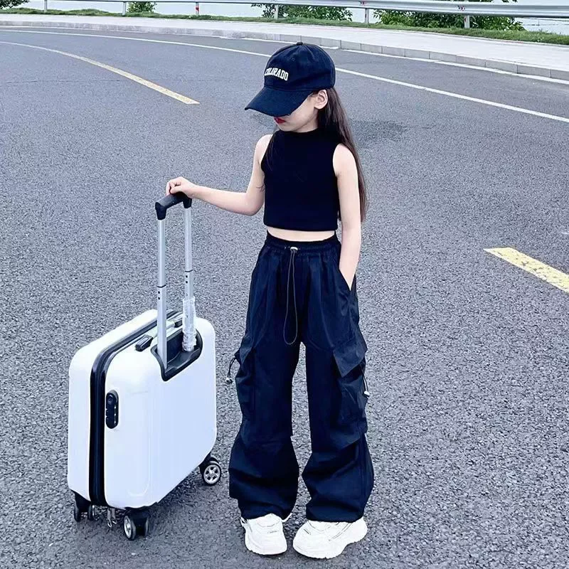 Summer Girls Large Pocket Goods High Elastic Waist Drawstring Workwear Pants Retro Casual Letter Loose Hip Hop Straight Pants