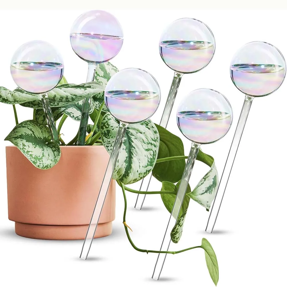 

Light Iridescent Rainbow Gradient Color Clear Glass Self-Watering System Spikes, Aqua Globes Automatic Plant Waterer Bulbs