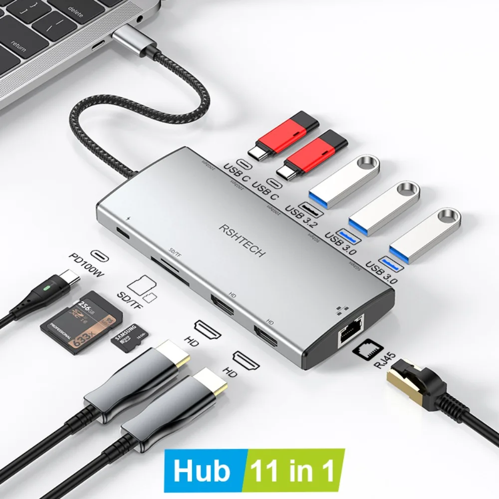 RSHTECH 11-IN-1 USB C Hub Docking Station with 8K 4K HDMI-Compatible USB 3.2 and 3.0 PD100W SD/TF Card Reader RJ45 for MacBook