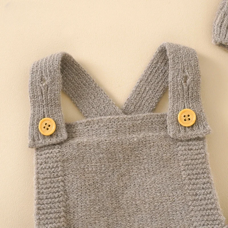 Boys Girls Sleeveless Jumpsuits Caps Outfit 0-18m Newborn Baby Rompers Hats Clothes Autumn Solid Knitted Toddler Infant Playsuit