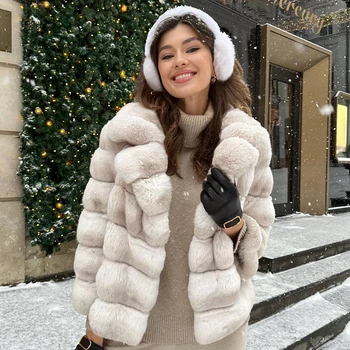 Gerçek kürk ceket kadınlar için kapüşonlu kışlık ceketler kadın kürk kapüşonlu mont kadın Chinchilla kürk mantolar Rex tavşan kürk ceket