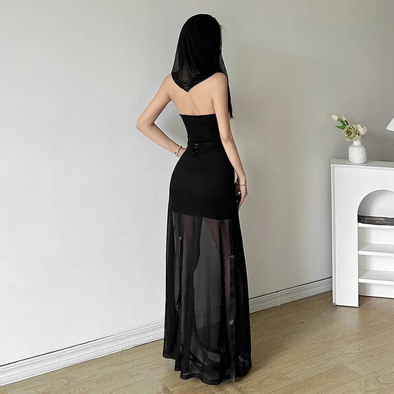 Goth Dark Fairycore Diverse Dressing Styles Partywear Sexy Strapless Hooded Long Dress Gothic Cute Bow Mesh Slim Bodycon Dresses