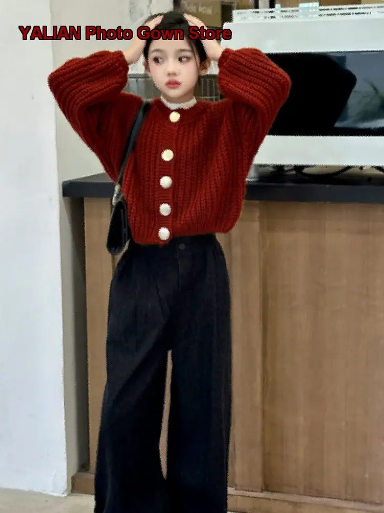 Girls Knit Two-Piece Set Kids Winter Elegant Cartoon Print Animal Pattern Thickened Warm Older Kids Clothes