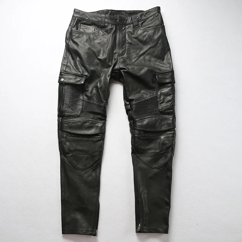 Vintage Motorcycle Biker Pants Men Genuine Cowhide Leather Trousers Men Leather Pant RidingThick Asian Size 5XL