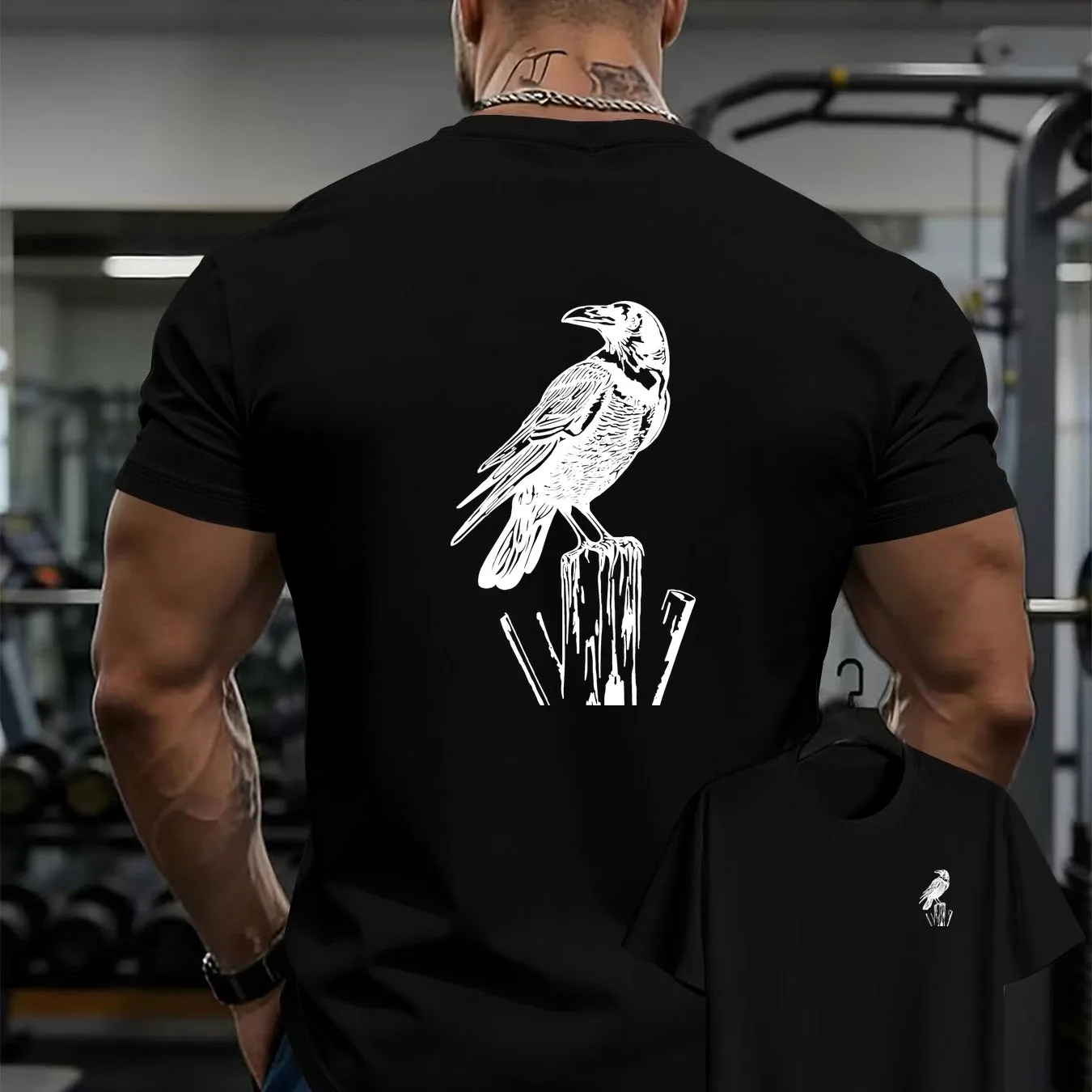 Crow Print T-Shirt for Men, Short Sleeve Crew Neck Cotton Tee for Casual Outdoor Wear