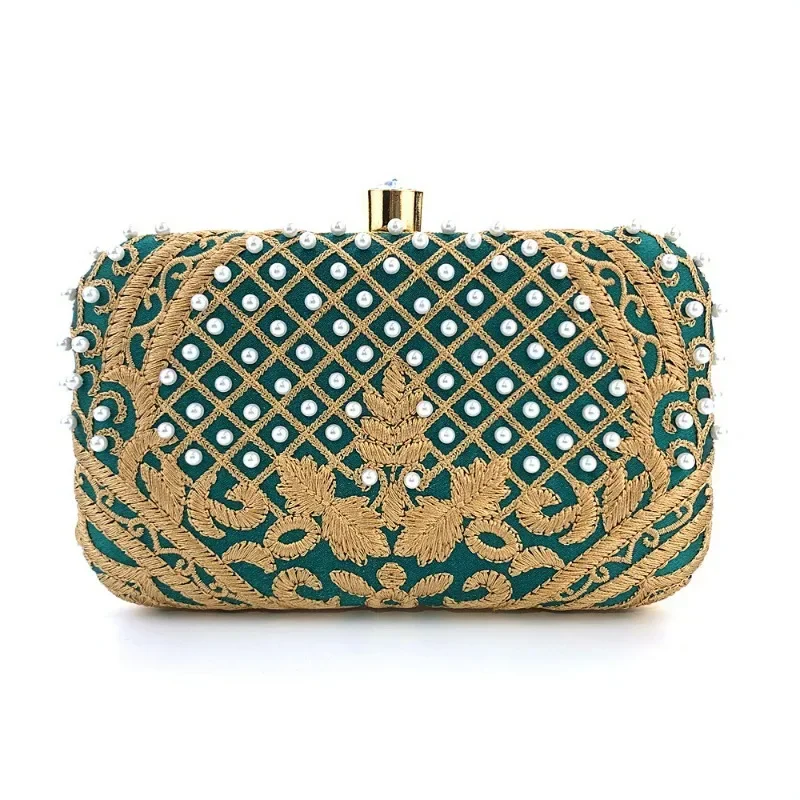 Women Embroidered Handbag Middle East Style Contrast Color Beaded Pearl Clutch Retro Pearl Evening Bag Vintage Purse Sacs À Main