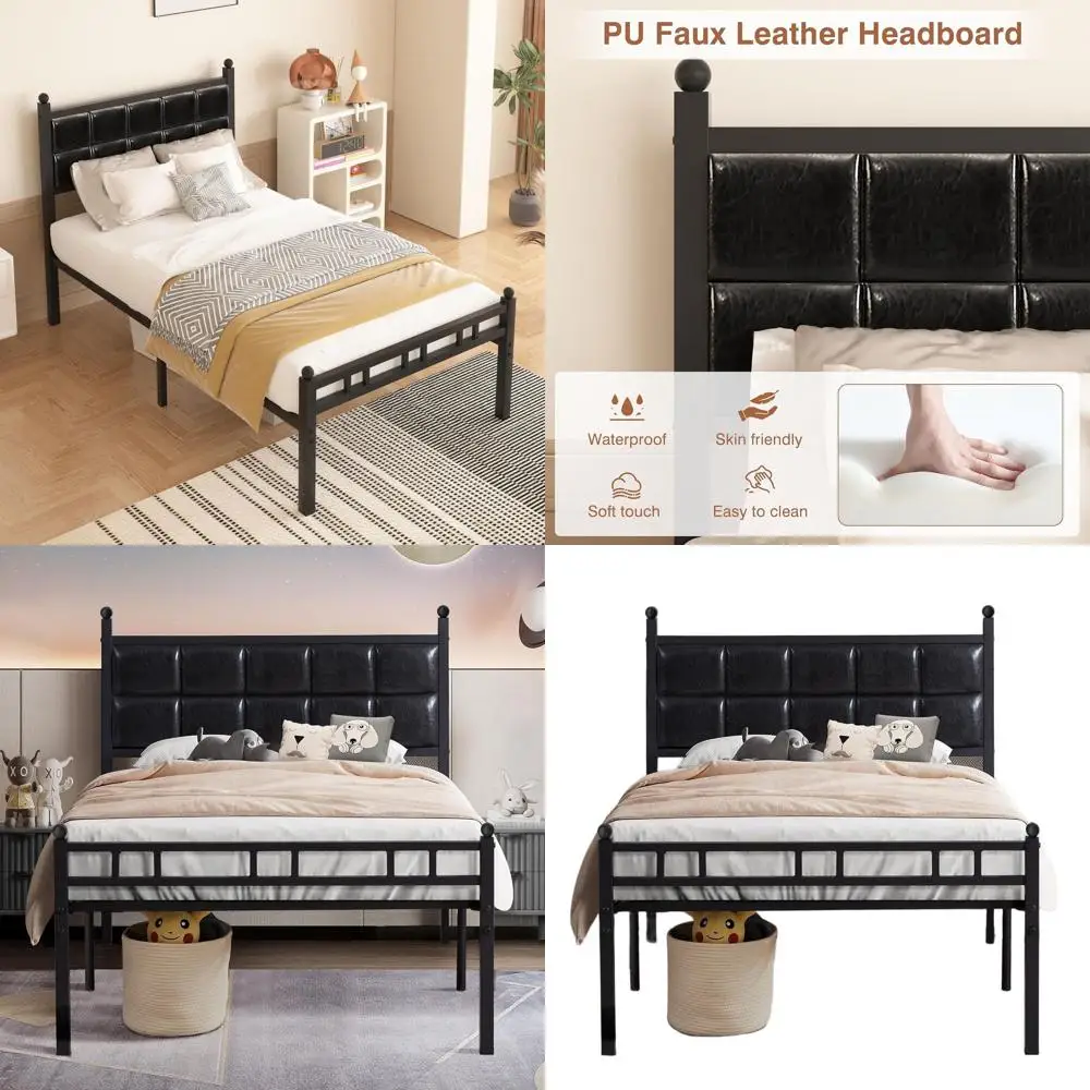 

Black Faux Leather Twin Bed Frame with Upholstered Headboard, Footboard, and Metal Slat Support - No Box Spring Needed