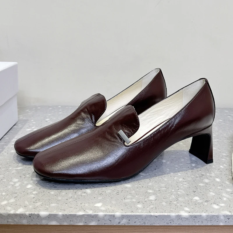 

Женские лоферы с квадратным носком и клетчатым узором, однотонная модная повседневная обувь без шнуровки из натуральной кожи на плоской подошве, элегантная минималистичная обувь