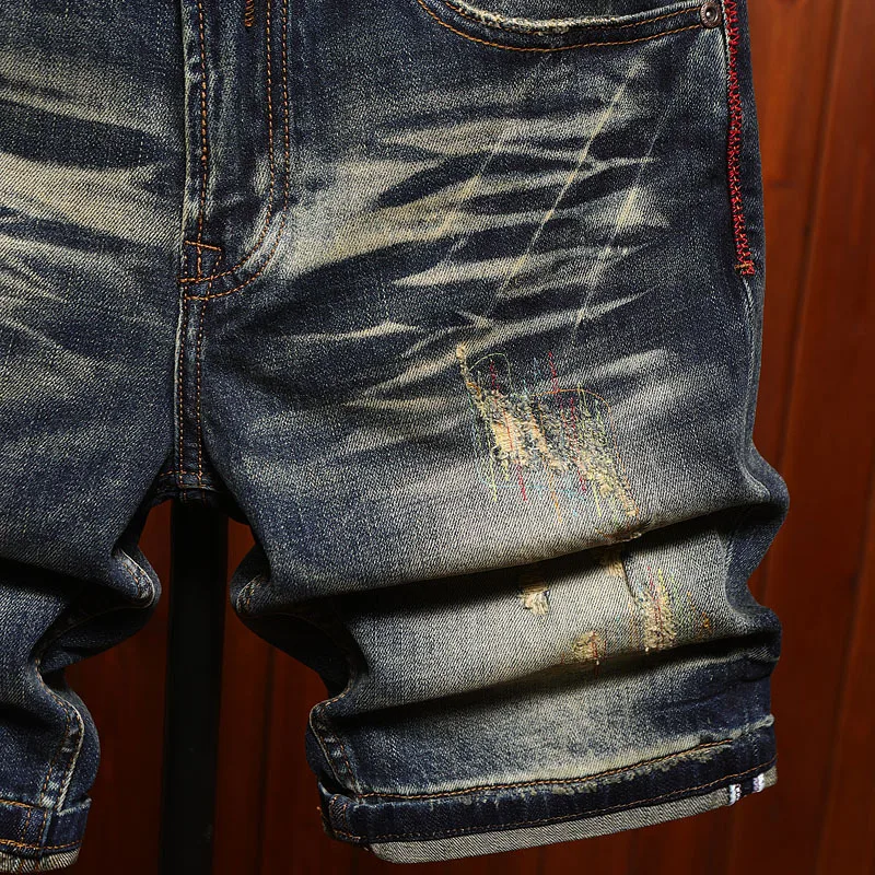 Five point denim shorts for men, summer American street fashion trend, retro washed nostalgic denim mid pants