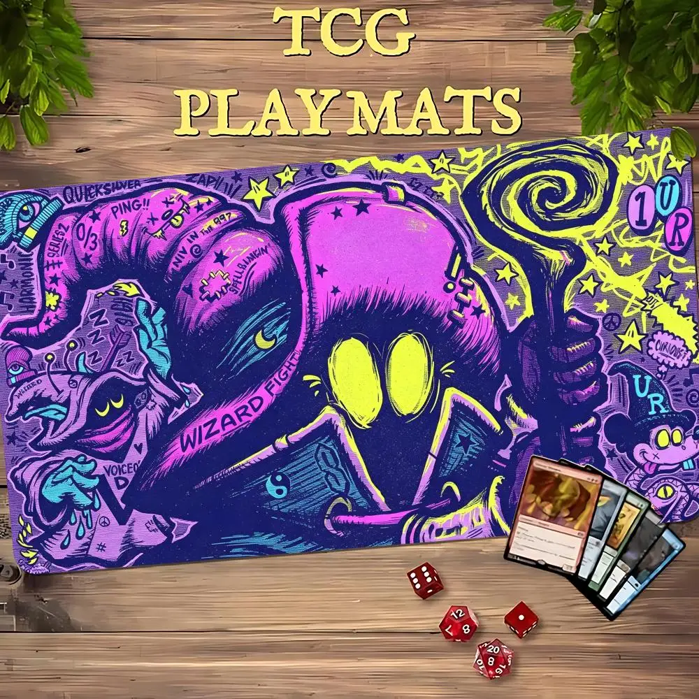 TCG Playmat Retro Neon Street Sorcerer 35X60CM Magic Card Battle Mat Non‑Slip Durable Stitched Edge Commander Zones Playmat