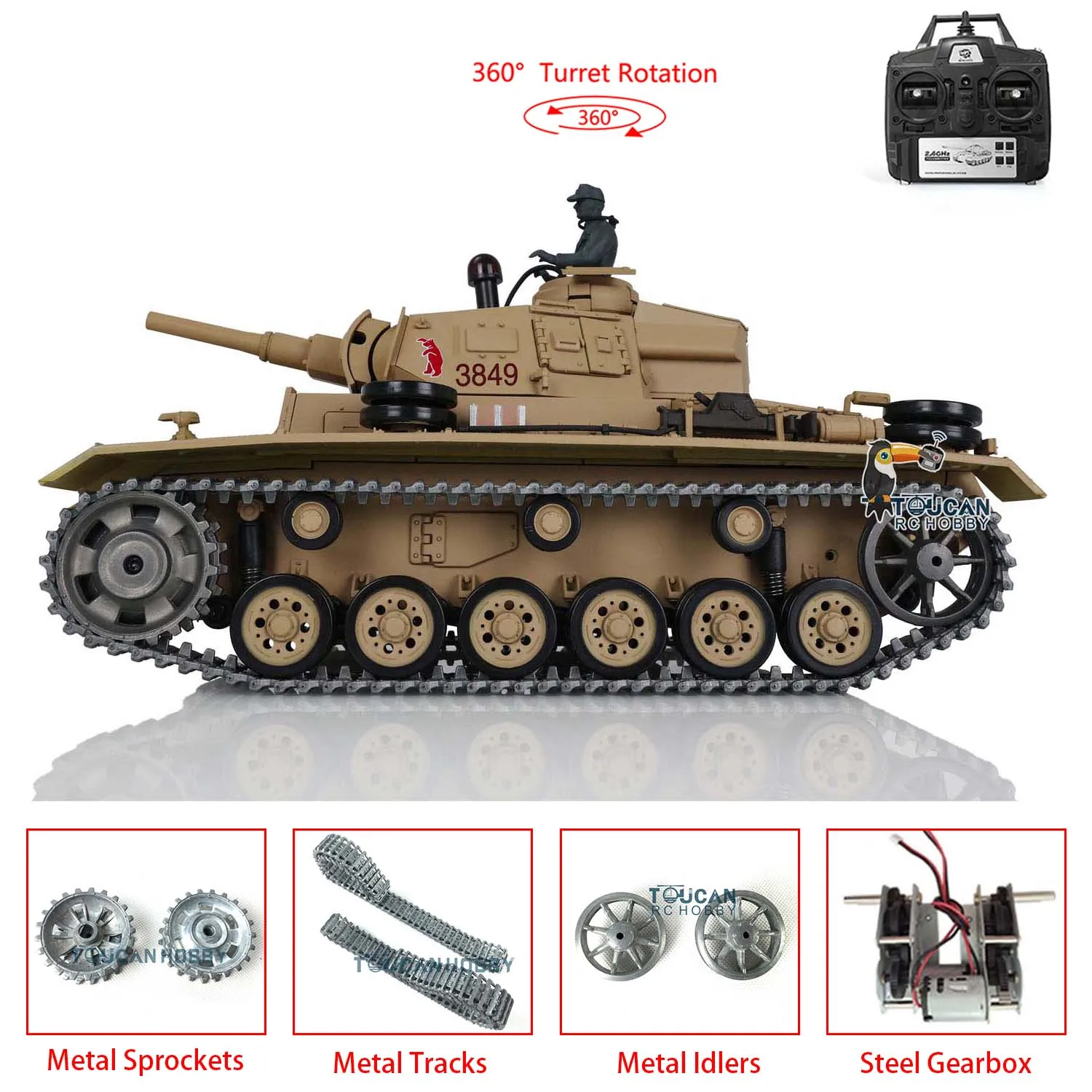 HENG LONG 1/16 Escala 7.0 Tanque RC Panzer III H RTR mejorado 3849 W/ 360 °   Torreta Caja de cambios de metal para fumar BB Shoot Cars TH17367