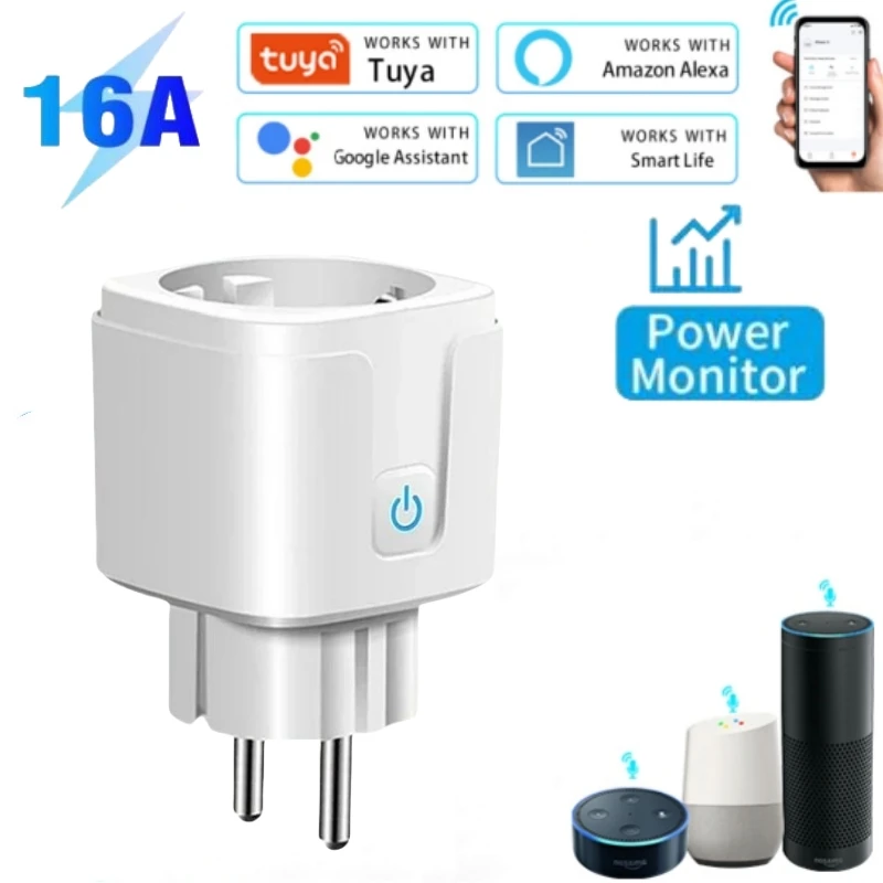Tuya WiFi Smart Socket 16A EU Plug with Power Monitoring Timing App Remote Control Voice Control Works with Alexa Geogle Home