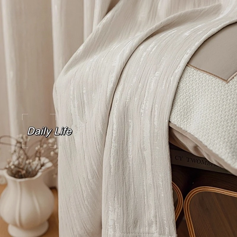 Wood Grain Relief French Senior Cream Color Chenille Jacquard Curtains for Living Room Bedroom French Window Customized Finished