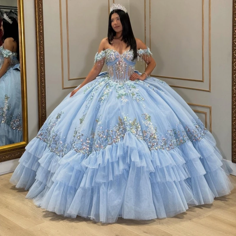 

Небесно-голубое блестящее платье Quinceanera с открытыми плечами, аппликация, цветок, бисер, хрустальный бант, многоуровневый тюль, вечеринка, день рождения, сладкий 16