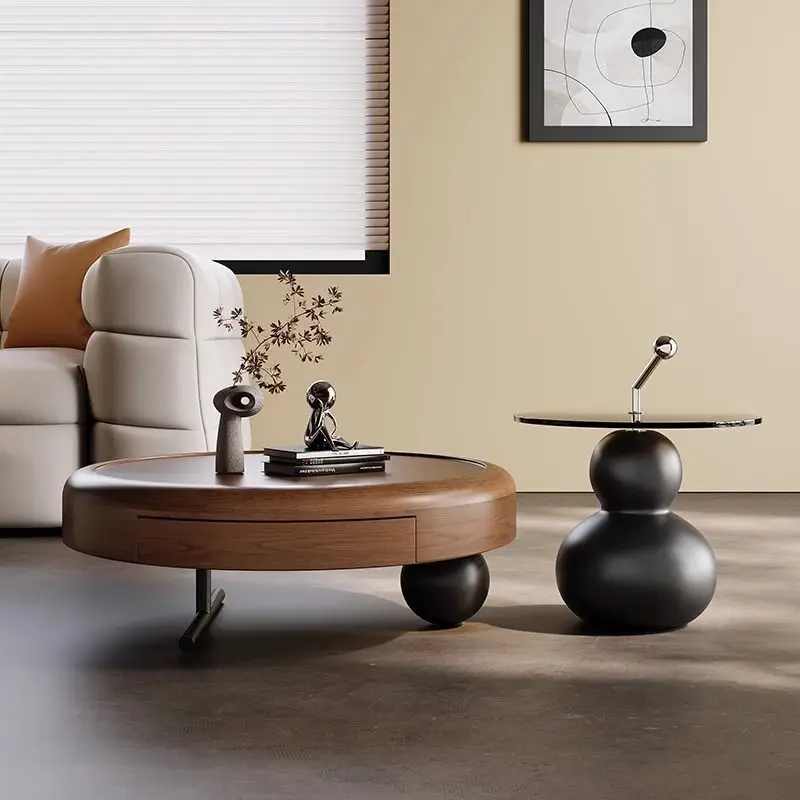 French cream style coffee table, small apartment living room for home use, creative walnut color, size round combination