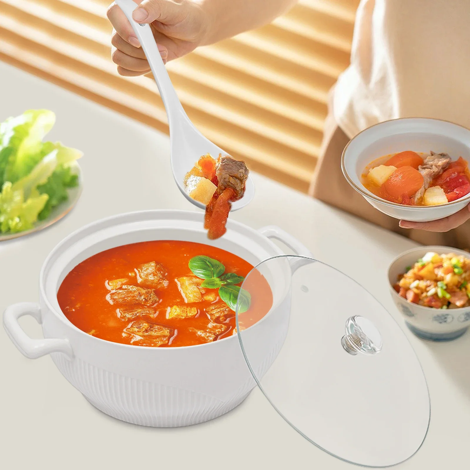 Ceramic Soup Tureen Kitchen Porcelain Serving Soup Tureen w/Glass Lid&Soup Ladle