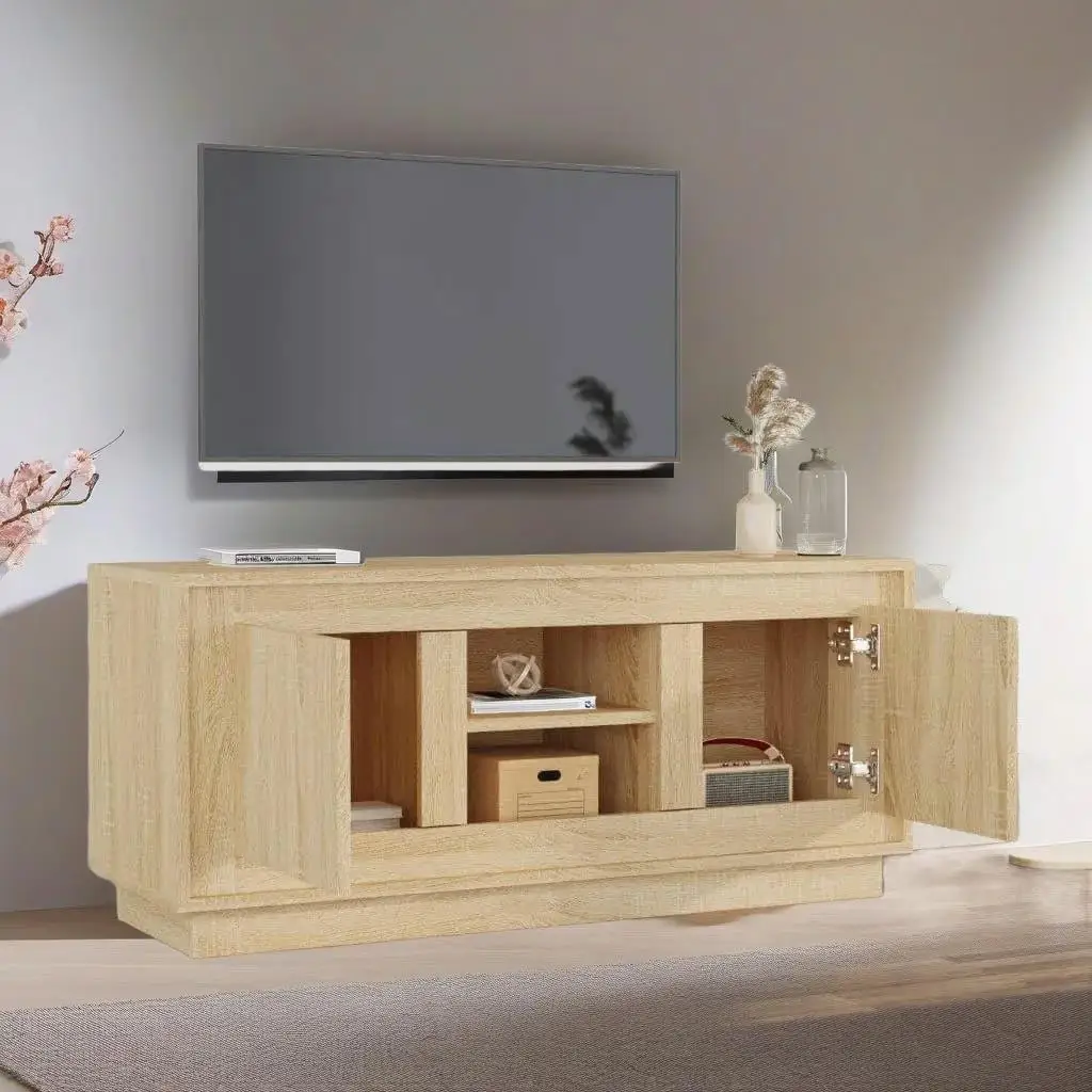 Sonoma Oak TV Stand 102x35x45 cm, Modern Wooden Media Cabinet Storage Furniture