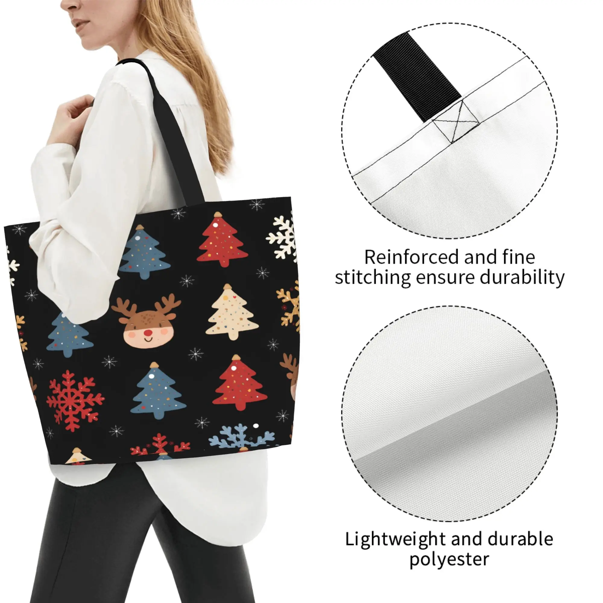 Christmas Print Large Tote Bag for Women, Holiday Shopping Bag with Reindeer Snowflake Design
