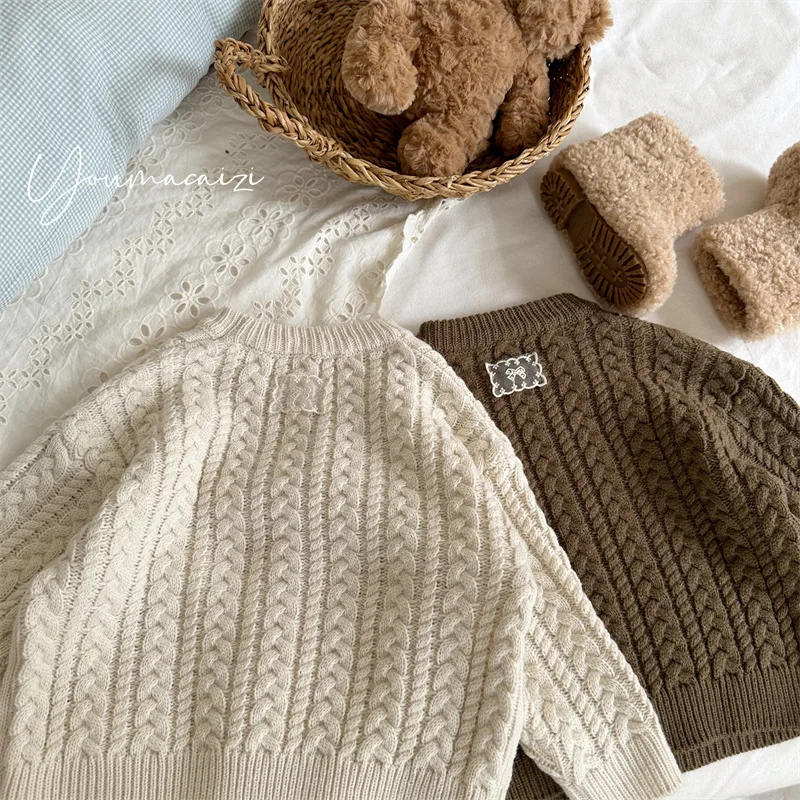 Children Sweater 2025 Winter New Retro Twist Sweater Labeling Round Neck Long Sleeve Baby Girl's Knitted Sweater Tops