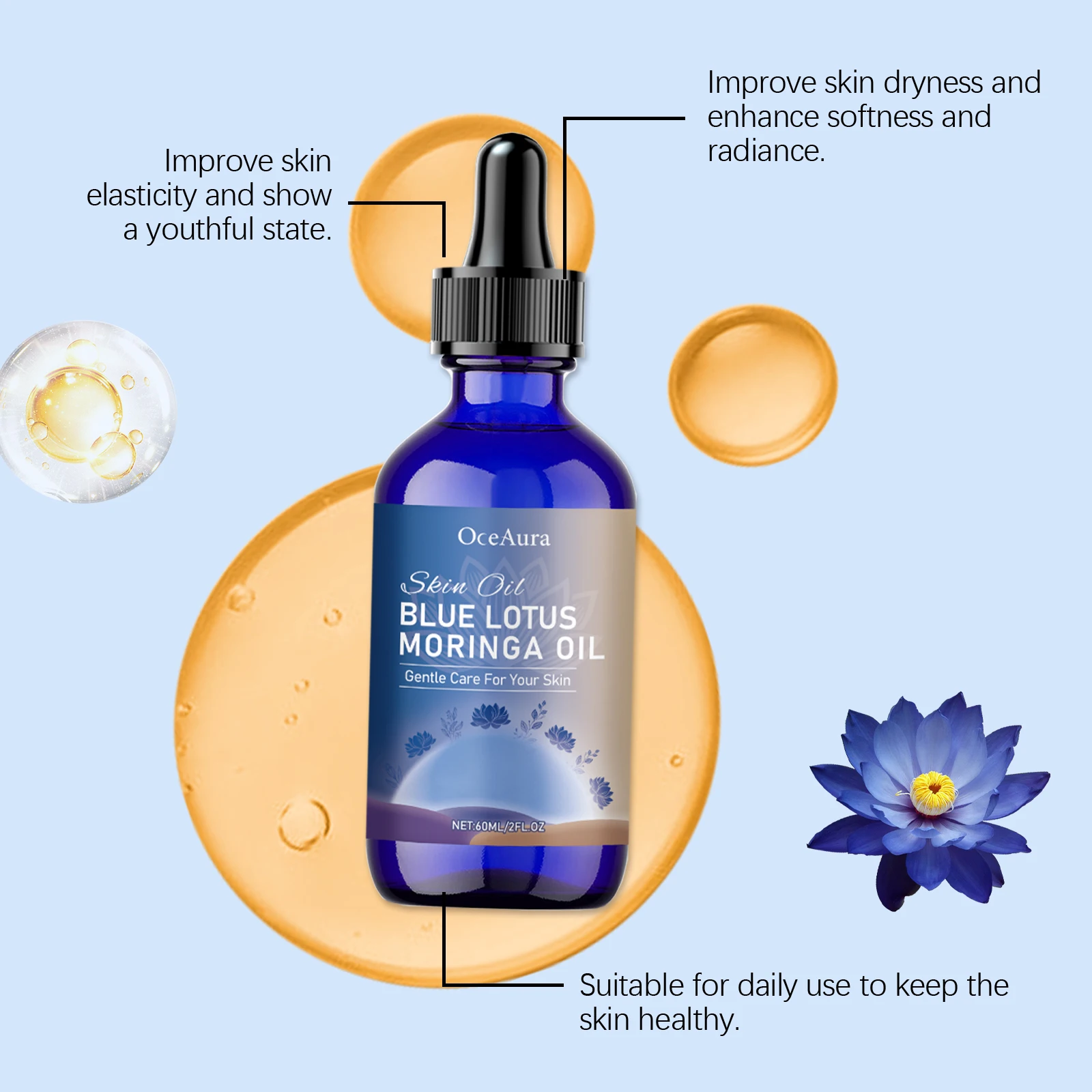 زيت البشرة OceAura Blue Lotus & Moringa - زيت مغذي للوجه والجسم للعناية بالبشرة اللطيفة - 60 مل