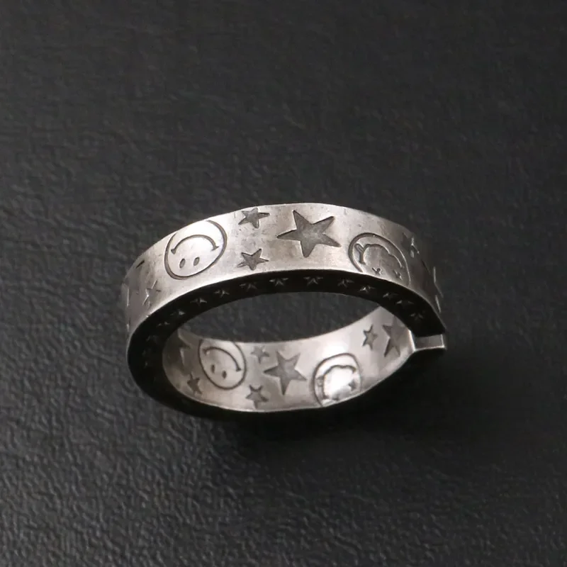 Vintage Graffiti Smiley Face Ring Men Trend Ins Cold Wind Open Ring Fashionable Simple Star Index Finger Ring Jewelry