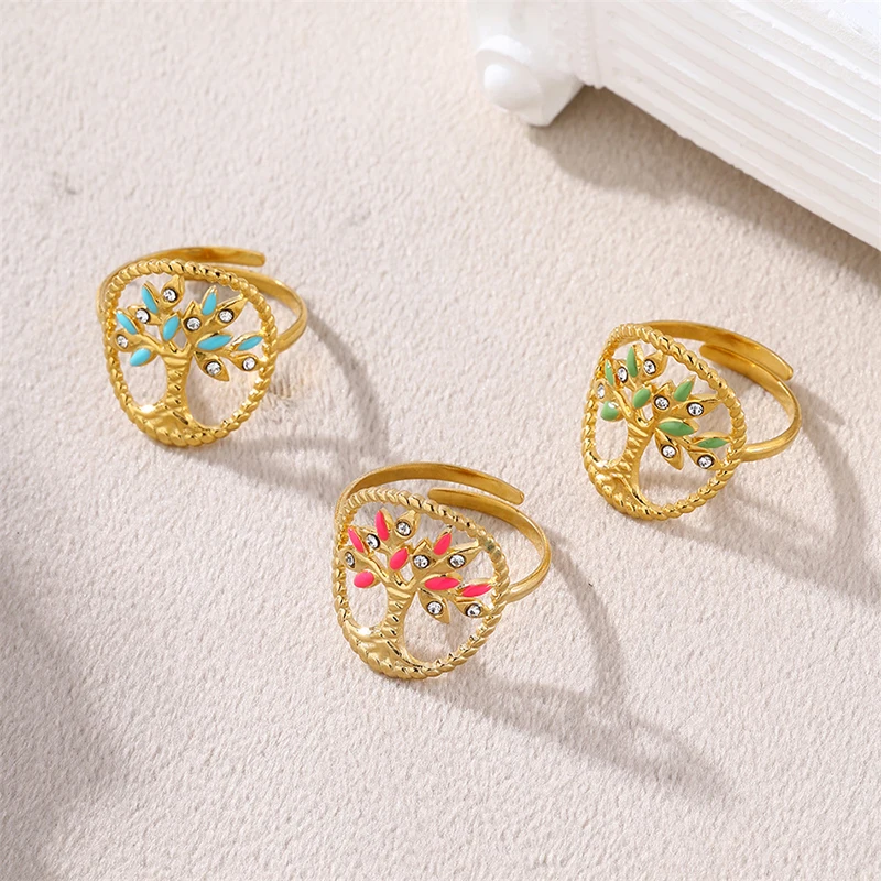 Letdiffery Trendy Tree of Life Dripping Oil Ring for Women Boho Adjustable Ring Stainless Steel Jewelry Party Jewrlry
