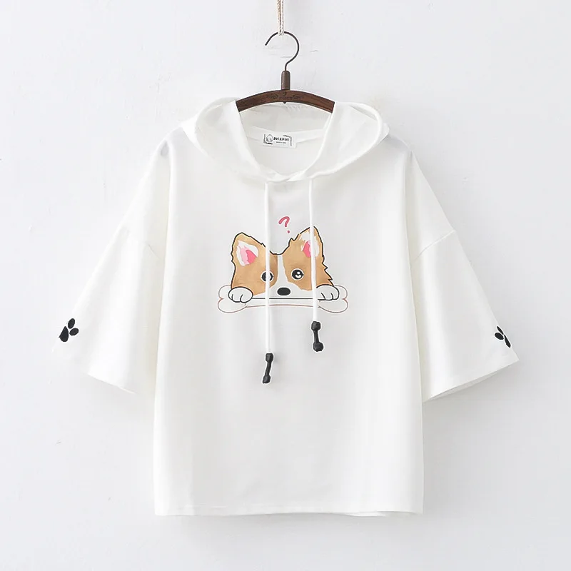 2024 Summer New Cute Tshirt Women Cartoon Corgi Print Hooded T-shirt Harajuku Aesthetic Tee Top Teenager Girls Kawaii Clothes