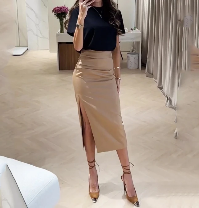 Office Lady Women Two Piece Set Summer O Neck Short Sleeve Solid Short Top High Waist Slim Folds Slit Skirt Set Streetwear