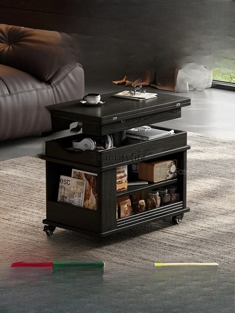 yj9 Mesa de centro plegable de madera maciza de segunda mano, altura ajustable, mesa auxiliar con carrito pequeño móvil