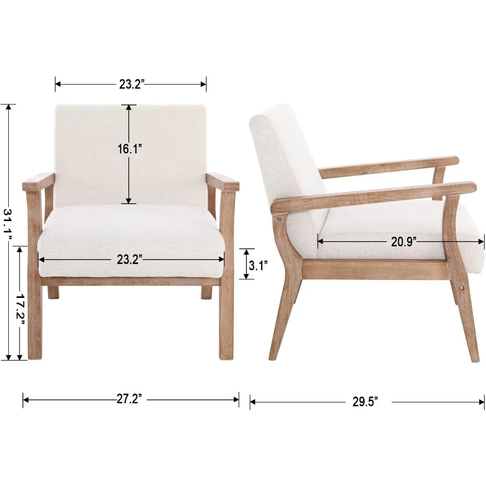 Extra grote woonkamerstoelen set van 2, linnen gestoffeerde moderne stoel uit het midden van de eeuw met natuurlijk houten frame