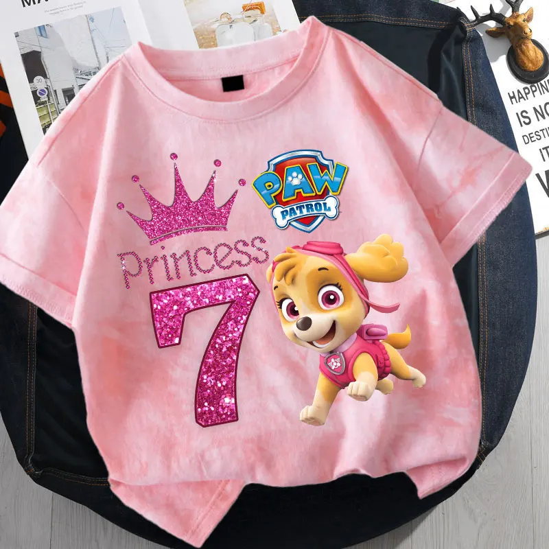 Camisetas Paw Patrol Tie-dye para niños, camisa de manga corta estampada con número de dibujos animados 1-10, Top de moda de verano para niñas, regalos de cumpleaños