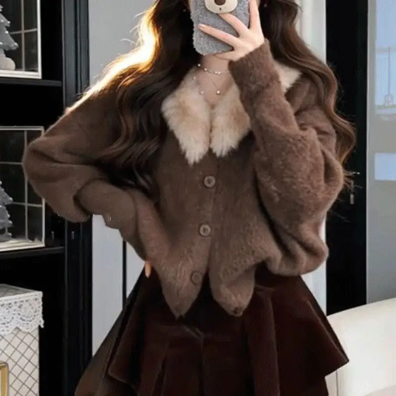 

Корейская версия, вязаный кардиган, женское пальто, осень-зима 202, новая мода, теплая флисовая одежда с воротником, уютная верхняя одежда, повседневная новинка