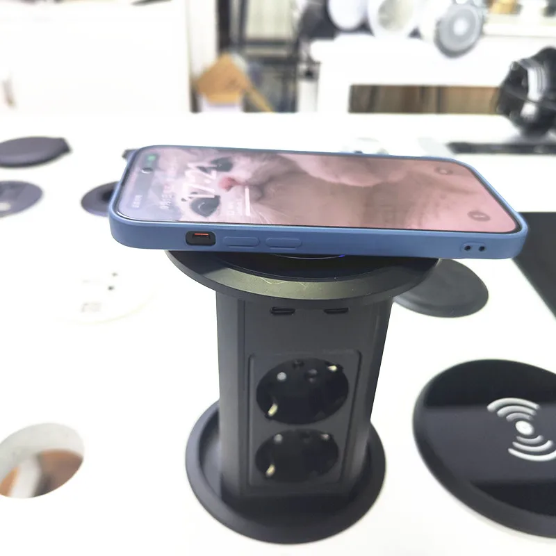 

Двусторонняя беспроводная зарядка, 100 мм, интеллектуальная моторизованная выдвижная розетка европейского стандарта/кухонная рабочая электрическая подъемная башня, розетка USB-C