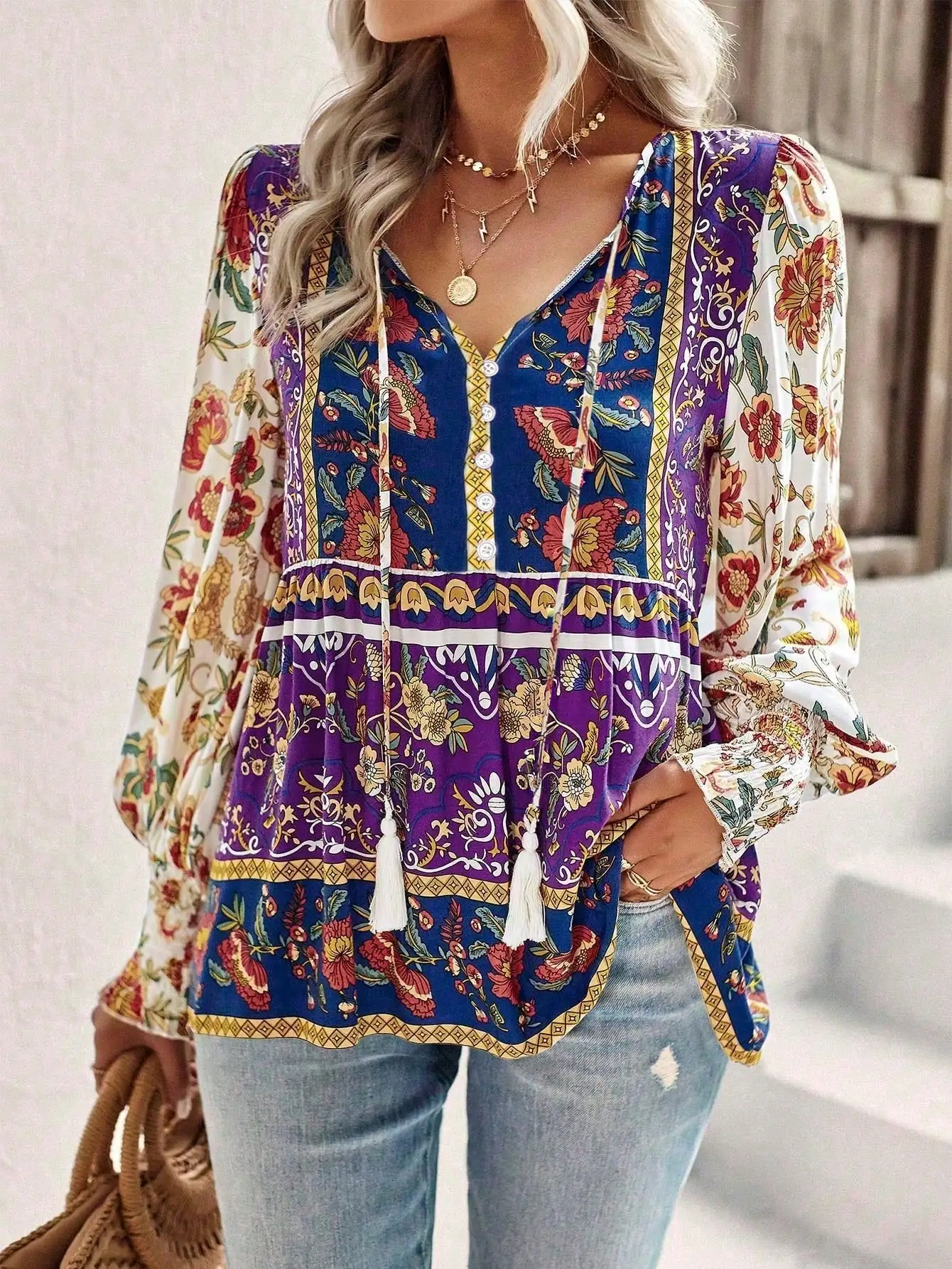حجم كبير 1XL-5XL جديد الخريف المرأة مزاجه عادية مطبوعة الخامس الرقبة طويلة الأكمام فضفاضة بلوزة قميص التنقل نمط الملابس
