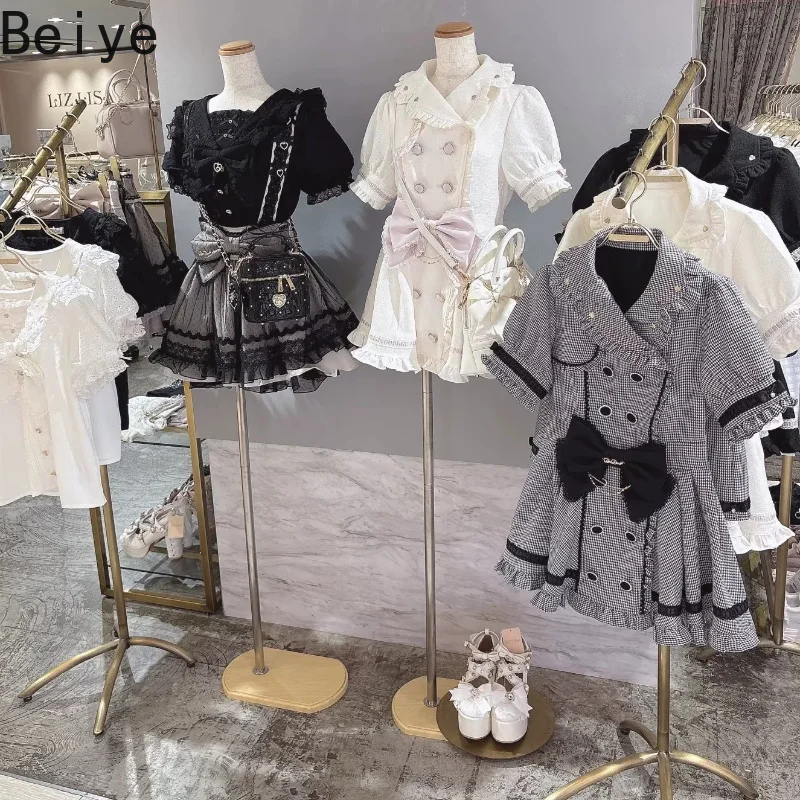 Puff Sleeve Ruffled Sweet Lolita Dresses Women Lapel Double Breasted Big Bow Dress Girls Japanese Harajuku Kawaii Lace Dress