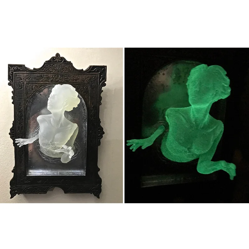 Escultura de pared de fantasma de Halloween en el espejo, mano del diablo de terror, artesanía de resina luminosa, estatua, marco de fotos creativo