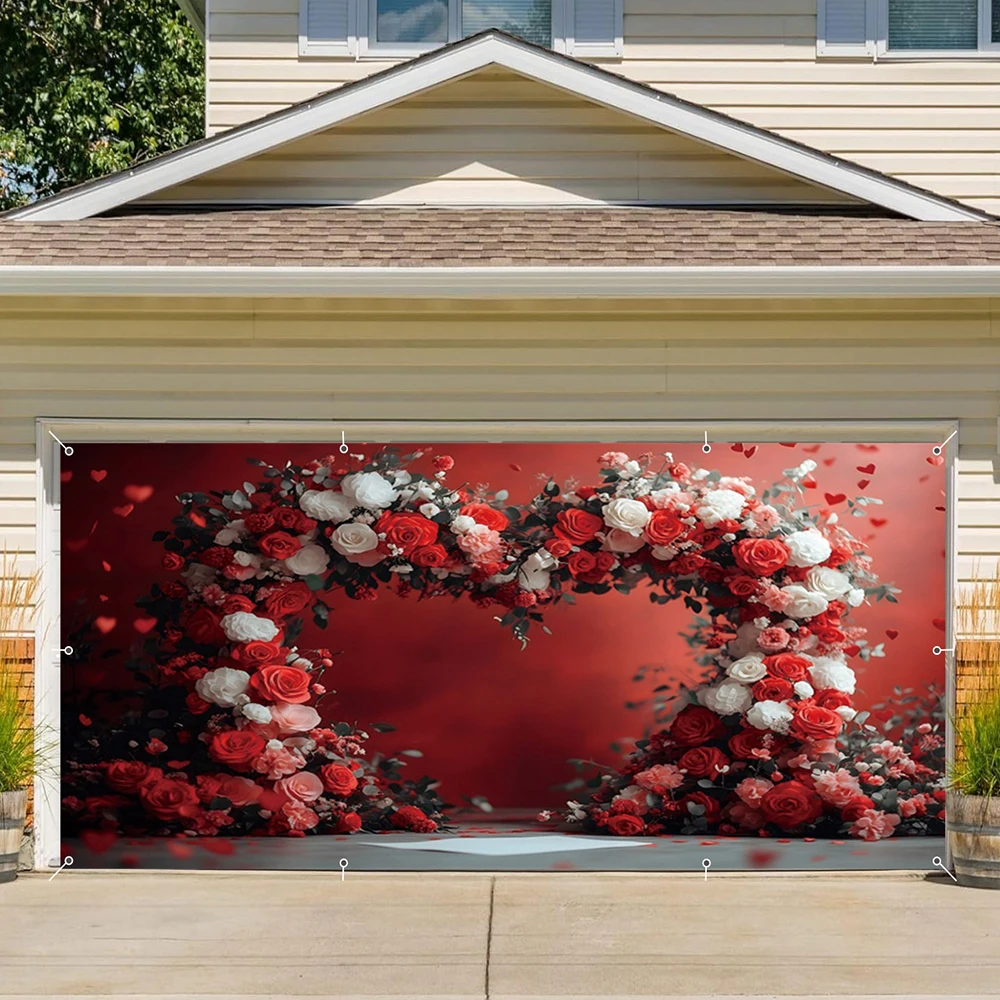 Valentine's Day Garage Door Backdrop Red Wall Rose Love Heart Arch Flower Wedding Party Garage Door Outdoor Home Courtyard Decor