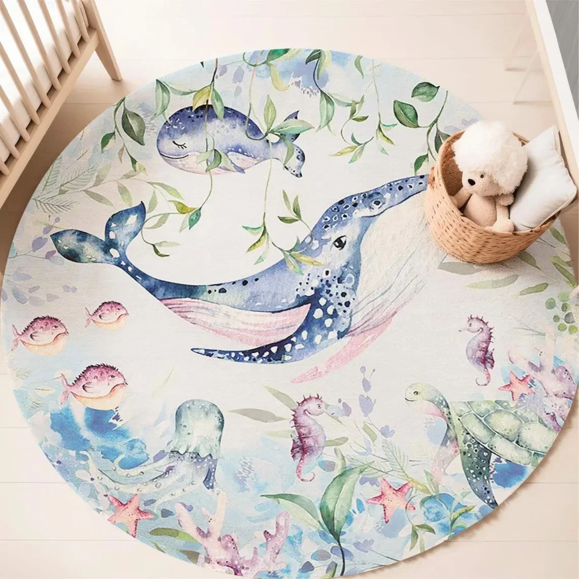 Blue Marine animal Round Carpet for Living Room Baby Girl Room Kids Playroom Mat Bedroom Soft Rug Nursery Decor kid's playmat view 2