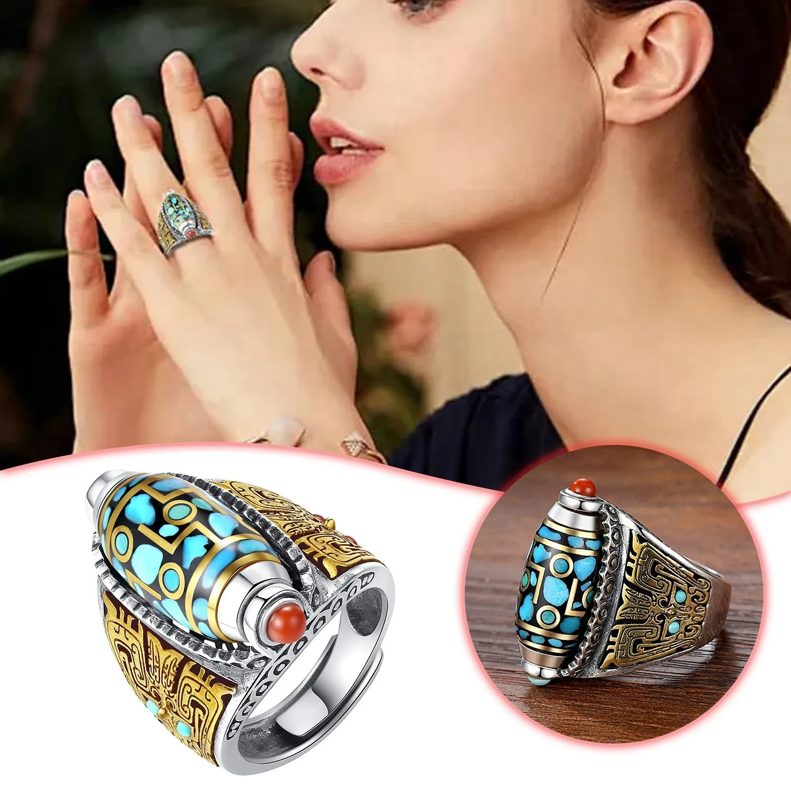 Little Girl Ring Set Turquoise Six Character Mantra Nine Eyed Dzi Bead Ring Tibetan Style Six Character Mantra Woman'S Rings