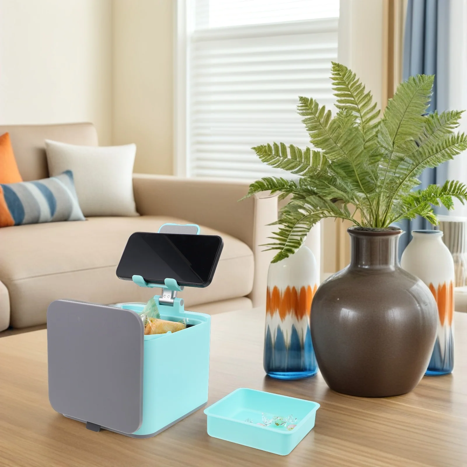

Trash Can Mobile Phone Holder Foldable Desk Organizer Small Square Storage Box Retractable Stand Mini Garbage Container